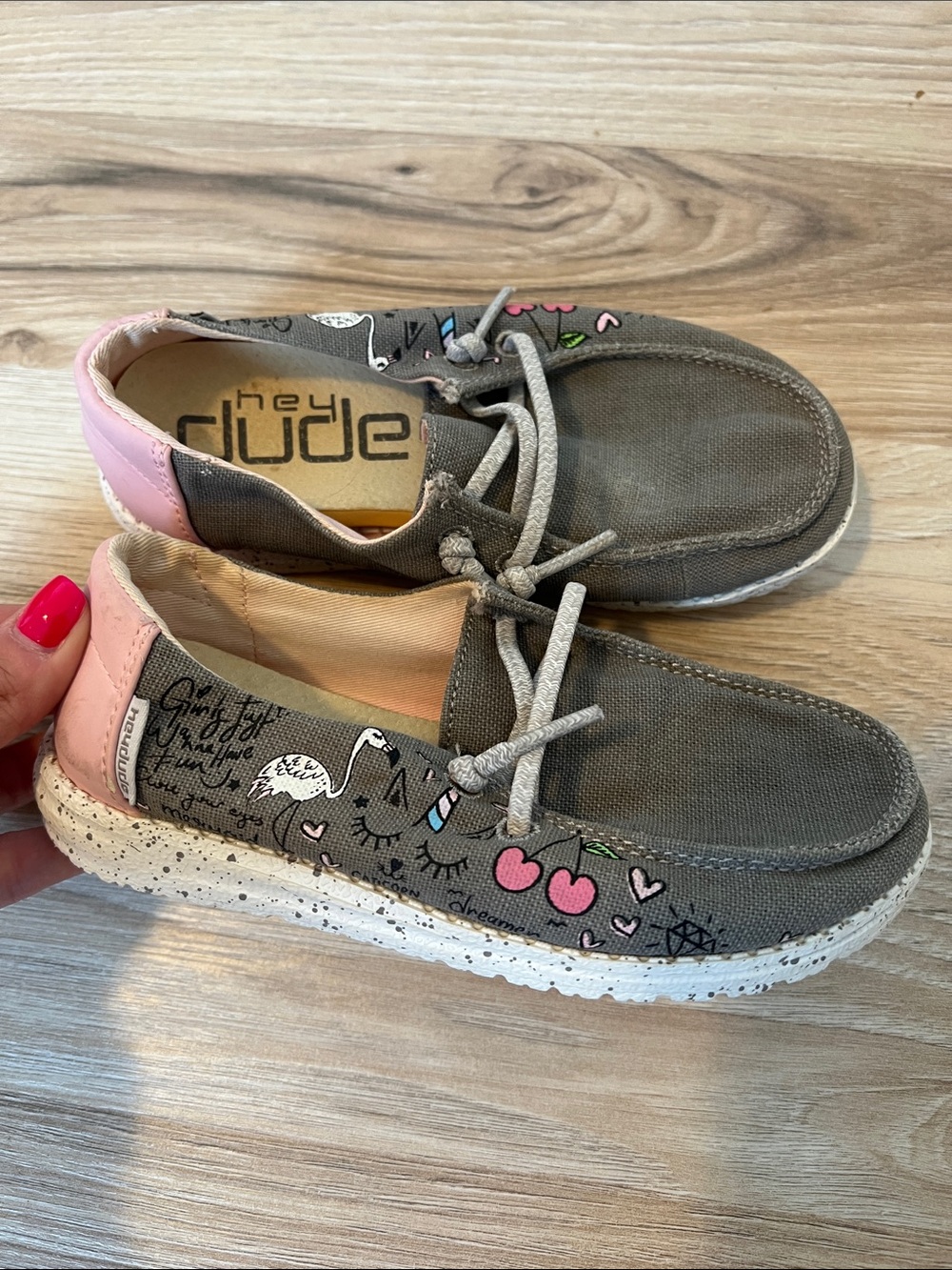 Hey Dude Kids Gray Canvas Slip-Ons with Pink Accents & Heart Graphics